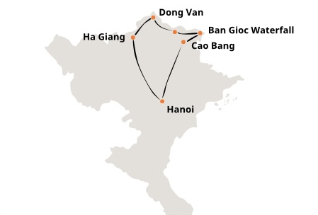 Ha Giang Cao Bang 5 days 4 nights route map showing Ha Giang, Dong Van, Meo Vac, Bao Lac, Ha Quang, Trung Khanh and Ban Gioc Waterfall