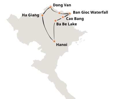 Ha Giang Cao Bang Ba Be Lake 6 days 5 nights route map showing Ha Giang, Dong Van, Meo Vac, Bao Lac, Ha Quang, Trung Khanh, Ban Gioc Waterfall and Ba Be Lake