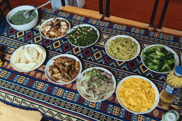 Ha Giang Loop vegetarian homestay dinner with tofu and greens
