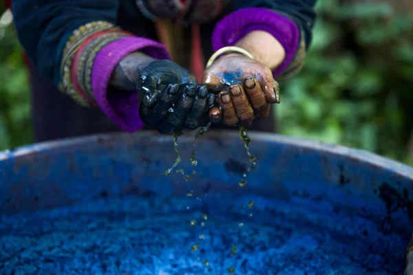 Fermented indigo dye vat used in traditional Ha Giang loop indigo dyeing