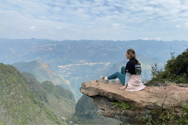 Ma Pi Leng Skywalk glass bridge extending over Nho Que River canyon in Ha Giang Vietnam