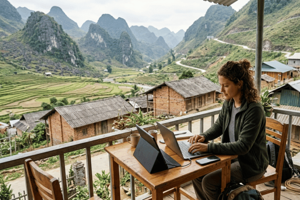 Digital nomad working remotely in Dong Van, Ha Giang Loop ha giang loop for digital nomads