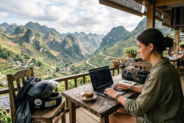 Digital nomad working remotely in Ha Giang with mountain view, Vietnam