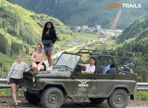 customers of loop trails hostel one of top ten ha giang loop tour companies in ha giang on the tour at dong van global geopark.