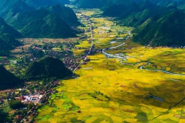 Bac Son valley at sunrise in the Lang Son UNESCO Global Geopark