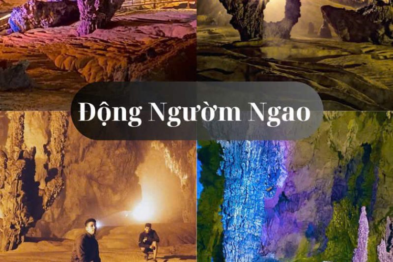 Visitors exploring and photographing rock formations inside Nguom Ngao Cave Cao Bang