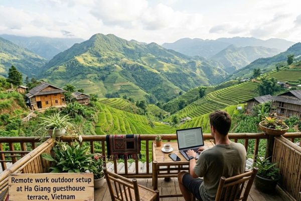 Remote work outdoor setup at Ha Giang guesthouse terrace, Vietnam