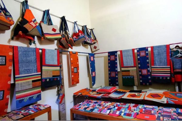 Indigo dyed scarves and textiles at Lung Tam linen cooperative