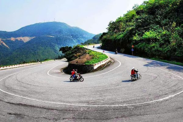 Hai Van Pass coastal road with Da Nang Bay in background, central Vietnam